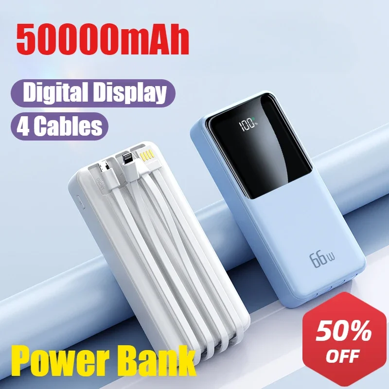 

PD 66W Portable Power Bank with 4 Cables 50000mAh External Battery Charger Cases Large Capacity for iPhone Samsung Huawei Xiaomi