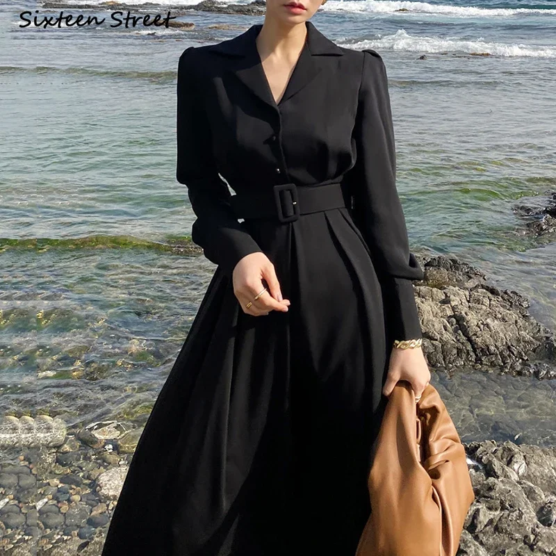 

Khaki Vintage Dress Women with Belt Long-sleeve Elegant Vestido Dress Woman Autumn Winter Chic Clothing Business