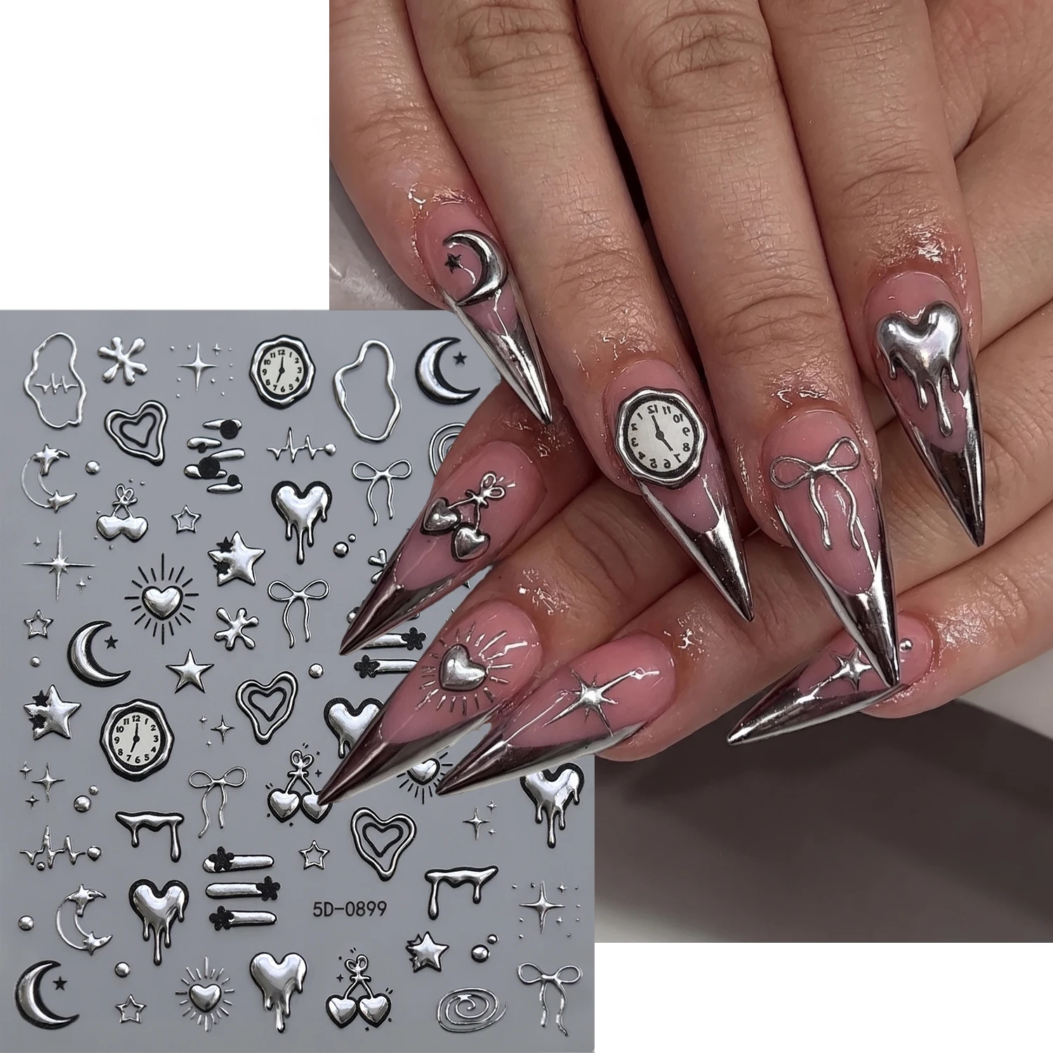 5D Metallic Silver Star Moon Heart Nail Stickers Black Gothic Melting Heart Clock Punk Style Nail Decals Y2k Heartbeat Manicure