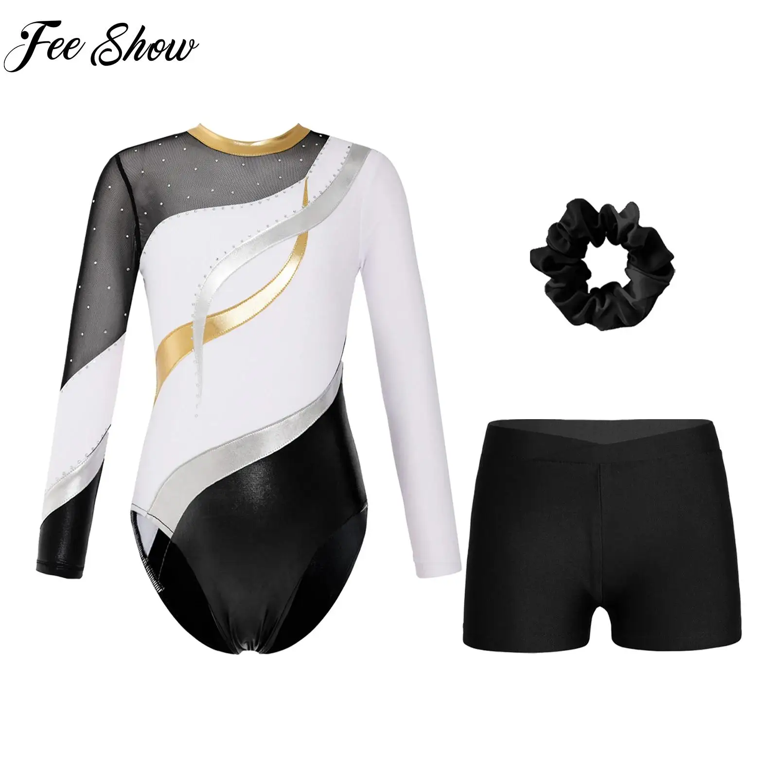 3Pcs Kids Girls Figure Skating Sport Set Outfits Long Sleeve Shiny Leotard+waistband Shorts Hair Band for Dance Gym Performance