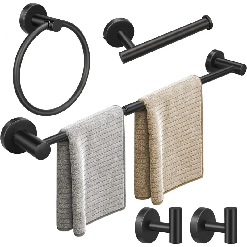 Bathroom Hardware Set, 24in Retractable Hand Towel Bar with, Towel Ring, 2pcs Multifunctional Robe Hooks (5