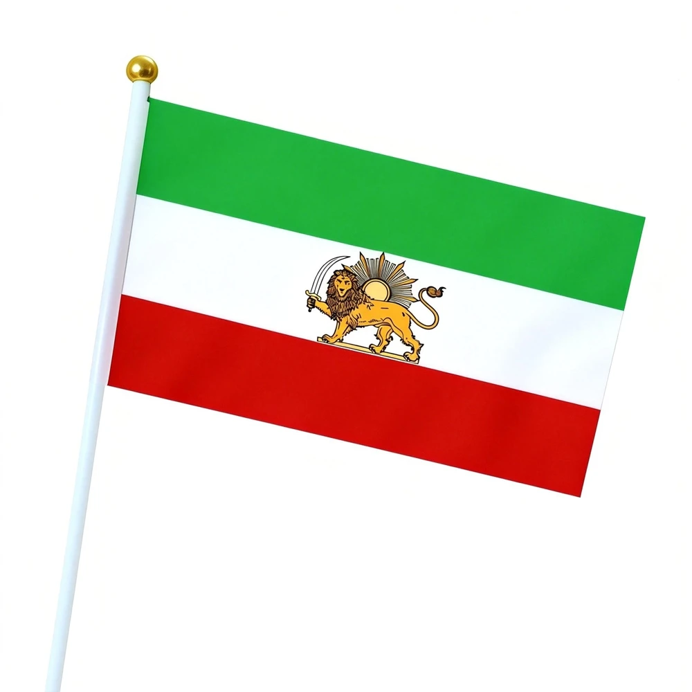 10pcs Iran Flag Historic Lion Crown Old Constitutional Revolution Hand Waving Flag 14x21cm with Plastic Pole Polyester Decor