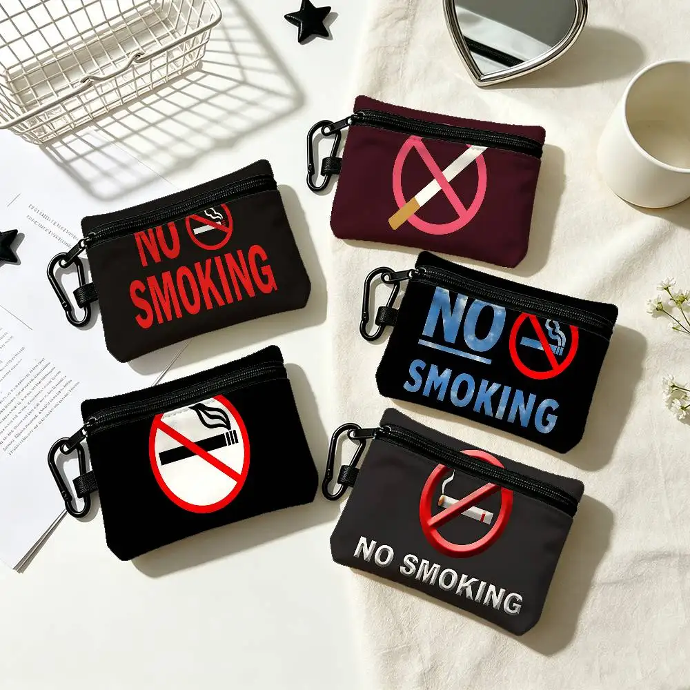 No Smoking Sign Portable Oxford Fabric Mini Wallet Carabiner Design Small Coin Bag For Cards Keys Earphones