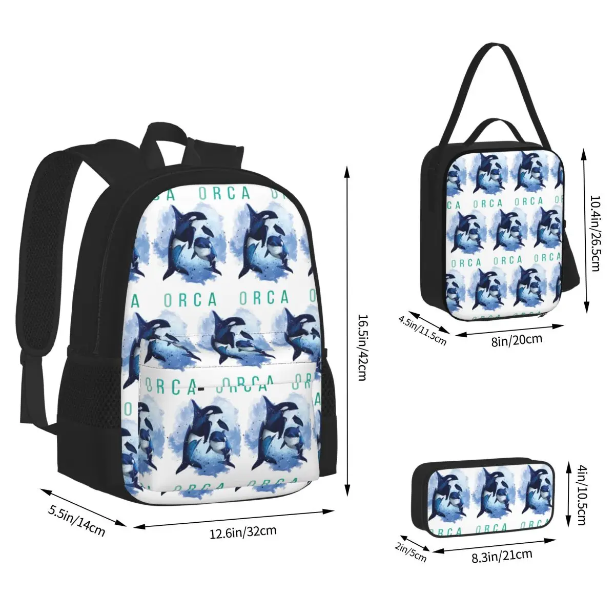 Orca Aquatic Sea Ocean Killer Whale Backpacks Students Bookbag School Bags Rucksack Lunch Bag Pen Bag Three-Piece Set