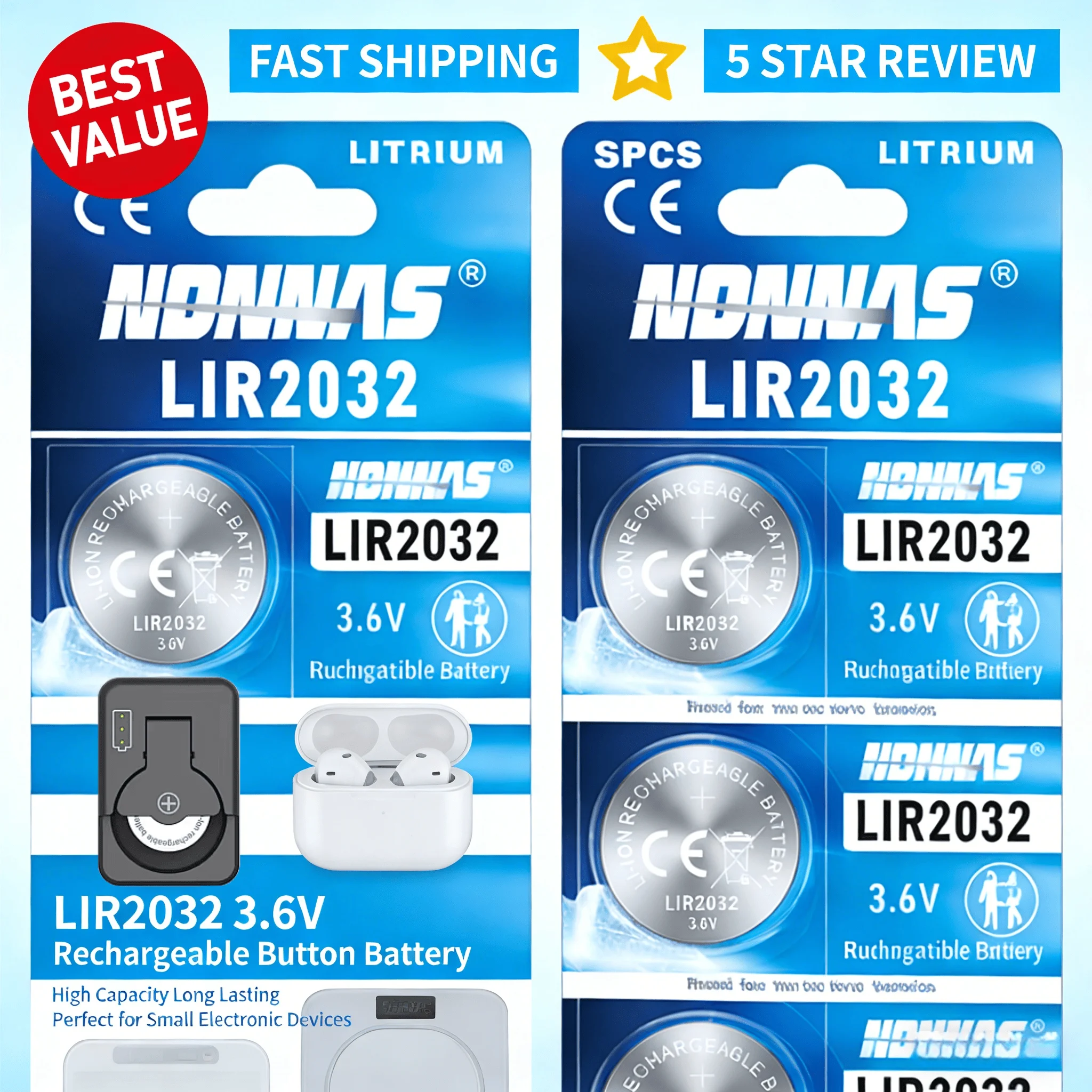 

LIR2032 3.6V Rechargeable Lithium Button Battery 1-10PCS with Charger, Compatible with CR2032 for Car Key Fob, Watch, Remote