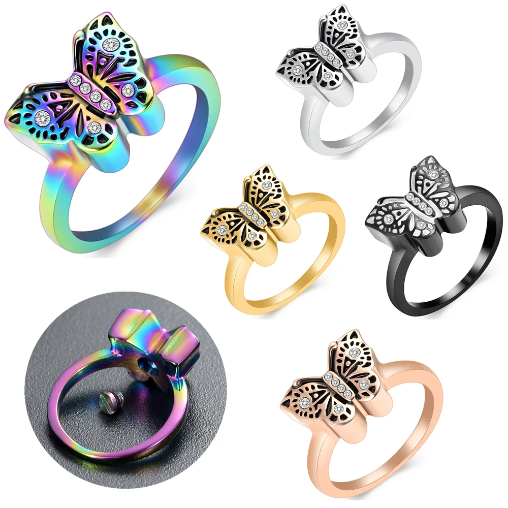 

Engraved Butterfly Memorial Urns Ring Jewelry Stainless Steel For Pet Ashes Women Present Keepsake Cremation Jewelry Customized