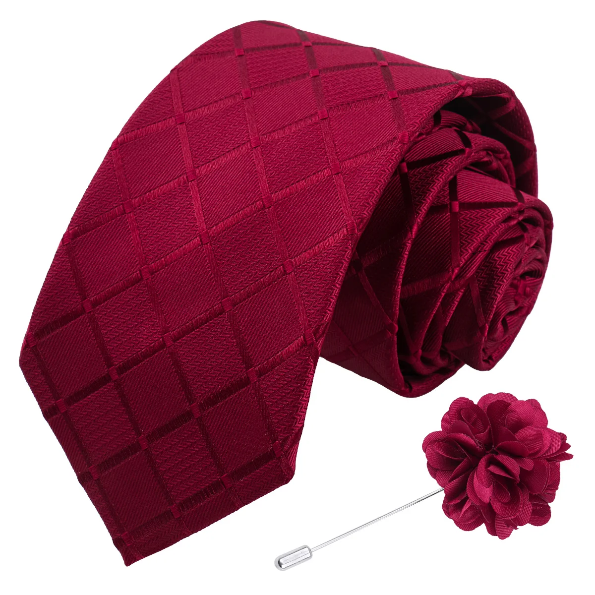 Luxury Men's Plaid Tie Set With Floral Pin Brooch Solid Color Necktie Gravatas For Wedding Party Wine Black Blue Man Gravatas