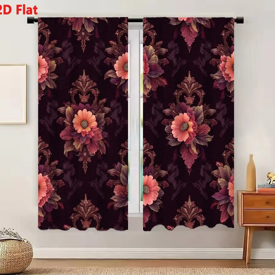 2Pcs Curtains 2D Flat Seamless Pattern Intricate Floral Ornate Designs Dark Black-Purple Background Pink Peach Purple Flowers Go