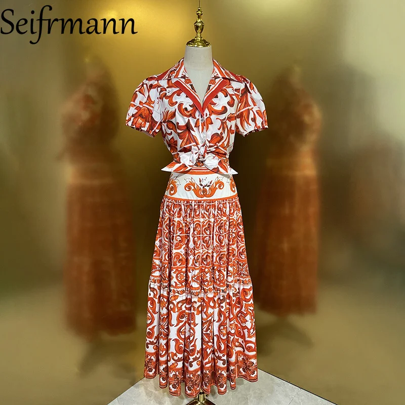 

Seifrmann Casual printed women's collar short sleeved cotton top+long skirt set 2026 summer fashion two-piece set
