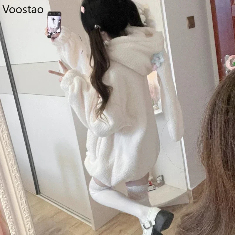 Sweet Lolita Style Rabbit Ears Hooded Coats Women Autumn Winter Fashion Oversize Warm Jackets Cute Y2k Bunny Zipper Sweatshirt