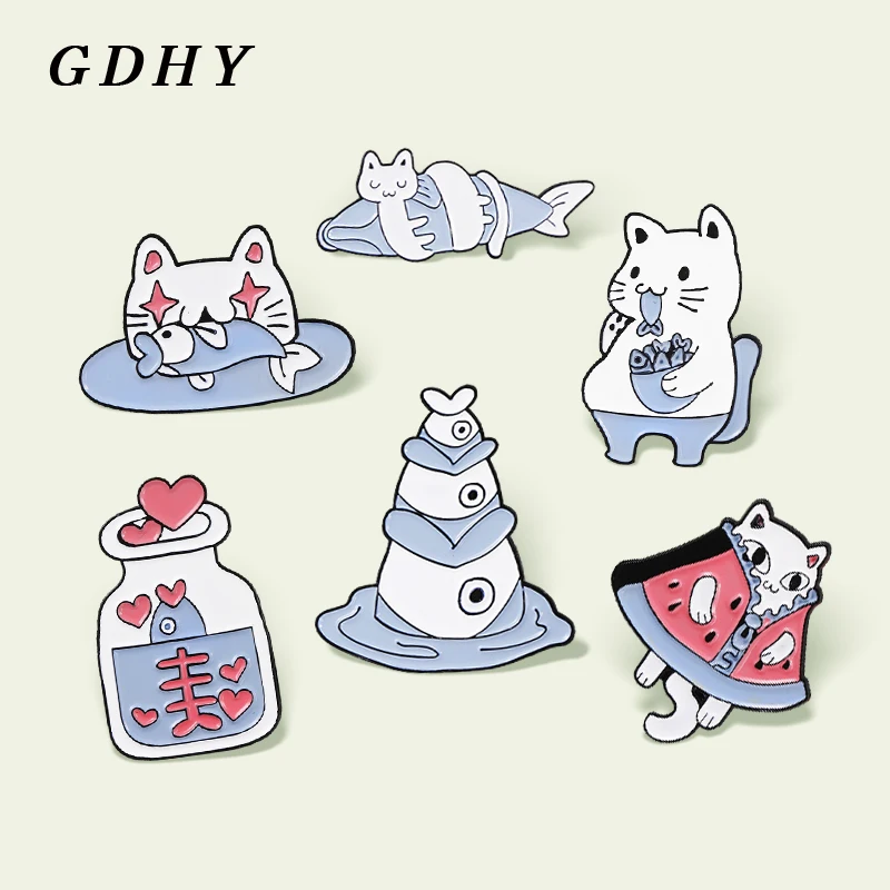 GDHY White Cats And Fish Enamel Pin Kitty Fish Bone Hug Fish Cat Lover Brooch Animal Badge Lapel for Women Spille Broche Jewelry