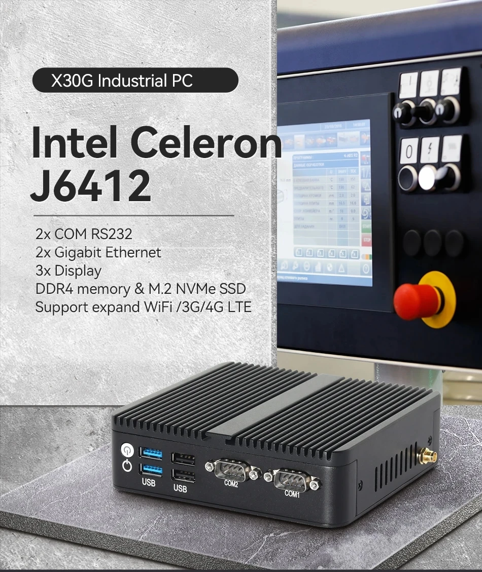 Industrial Mini PC Intel Celeron J6412 8GB DDR4 128GB M.2 NVMe SSD 2x COM RS232 2x GbE LAN 3x Display 4x USB Windows 10/11 Linux