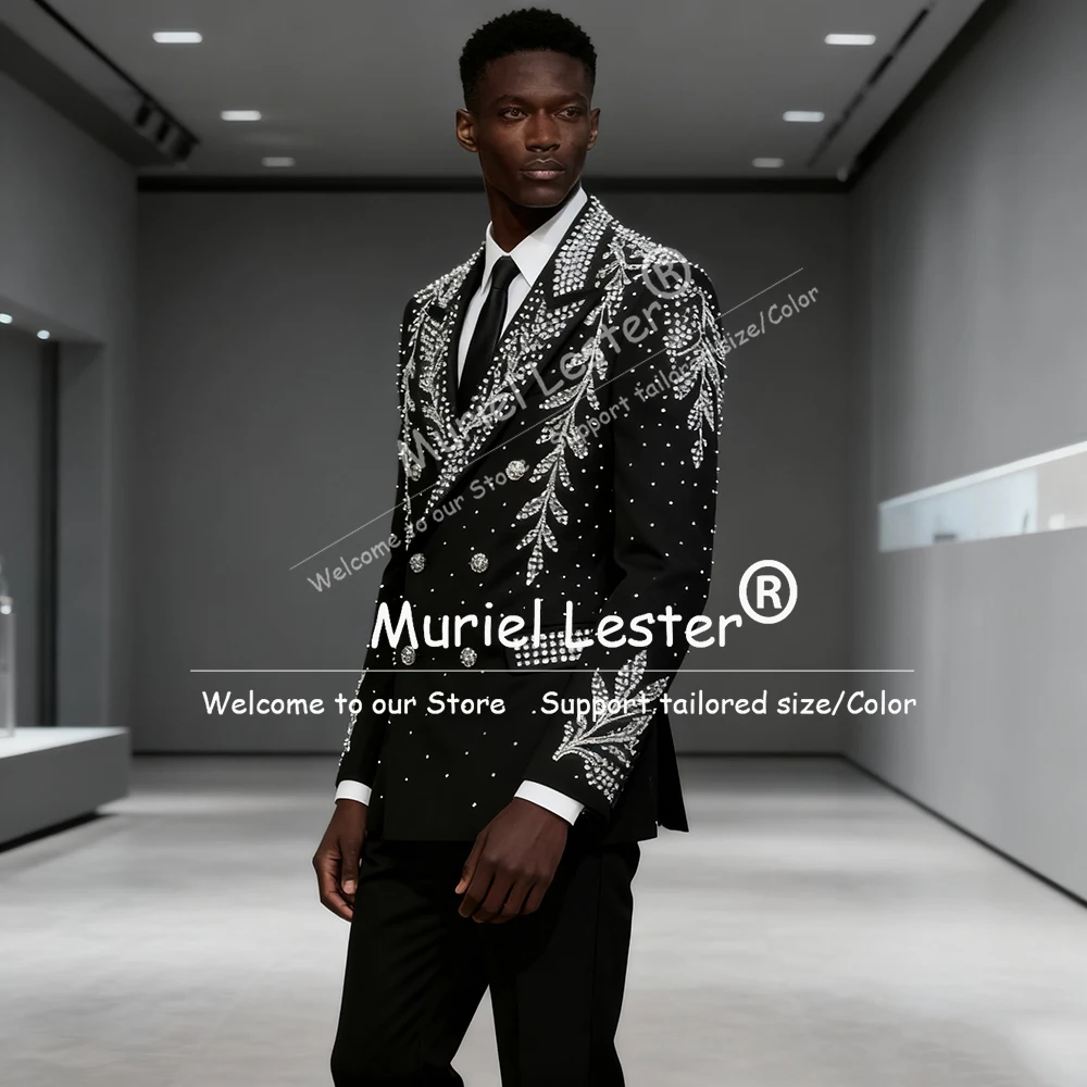 

Luxury Rhinestone Beaded Suits Men For Wedding 2 Pieces Double Breasted Jacket Pants Customized Man Banquet Tuxedos Stage Attire