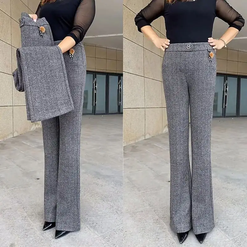 Spring Autumn New Elastic Waist Woolen Pants Office Female Casual Flare Pants Fashion Women Stretch Casual Straight Trousers 5XL