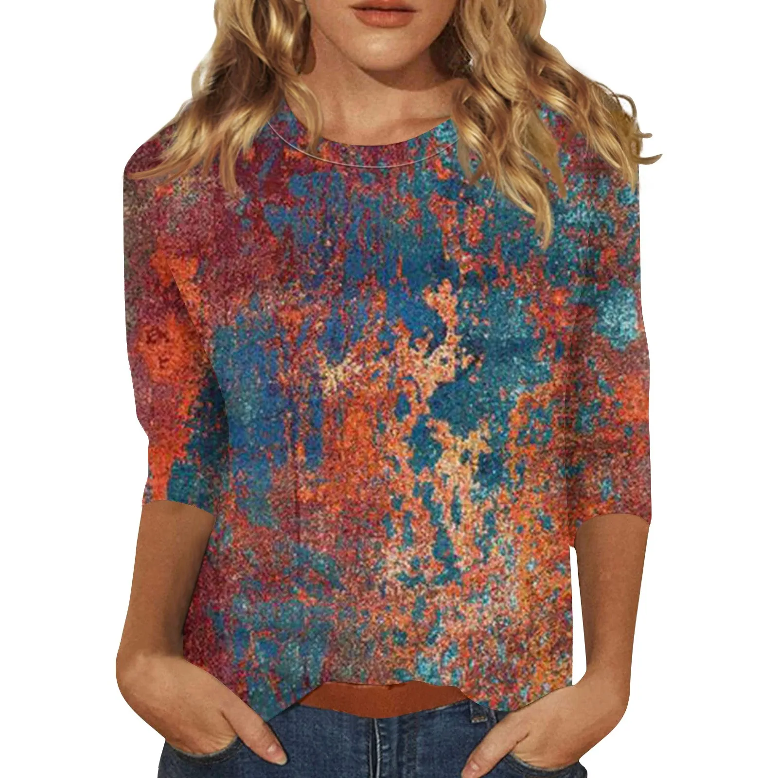 تي شيرت نسائي كاجوال برقبة مستديرة ، كم ، توب مطبوع فضفاض ، أزياء السيدات