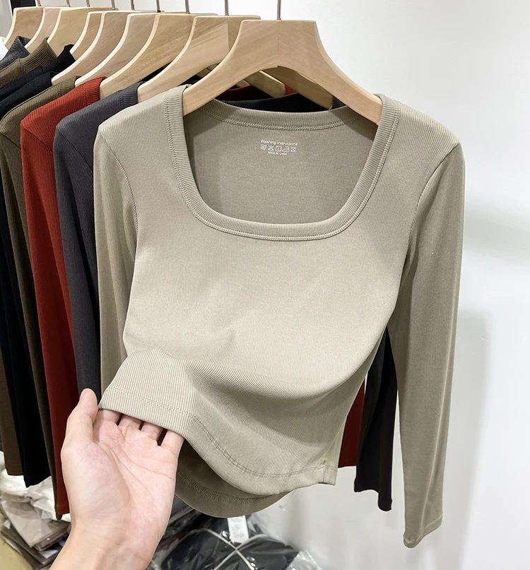 

Женская футболка ort Sve Long Sve в рубчик с квадратным воротником, облегающая внутренняя одежда, осень 2023, новинка Sle Faionabl...