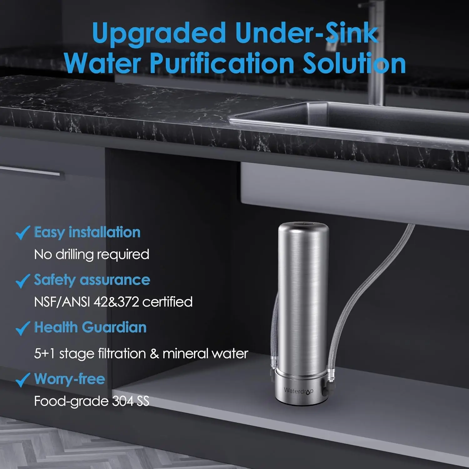 Waterdrop AS13 Under Sink Water Filter System, Reduces Lead,Chlorine, Bad Taste & Odor,PFAS,NSF/ANSI 42 Certified（Refurbished）