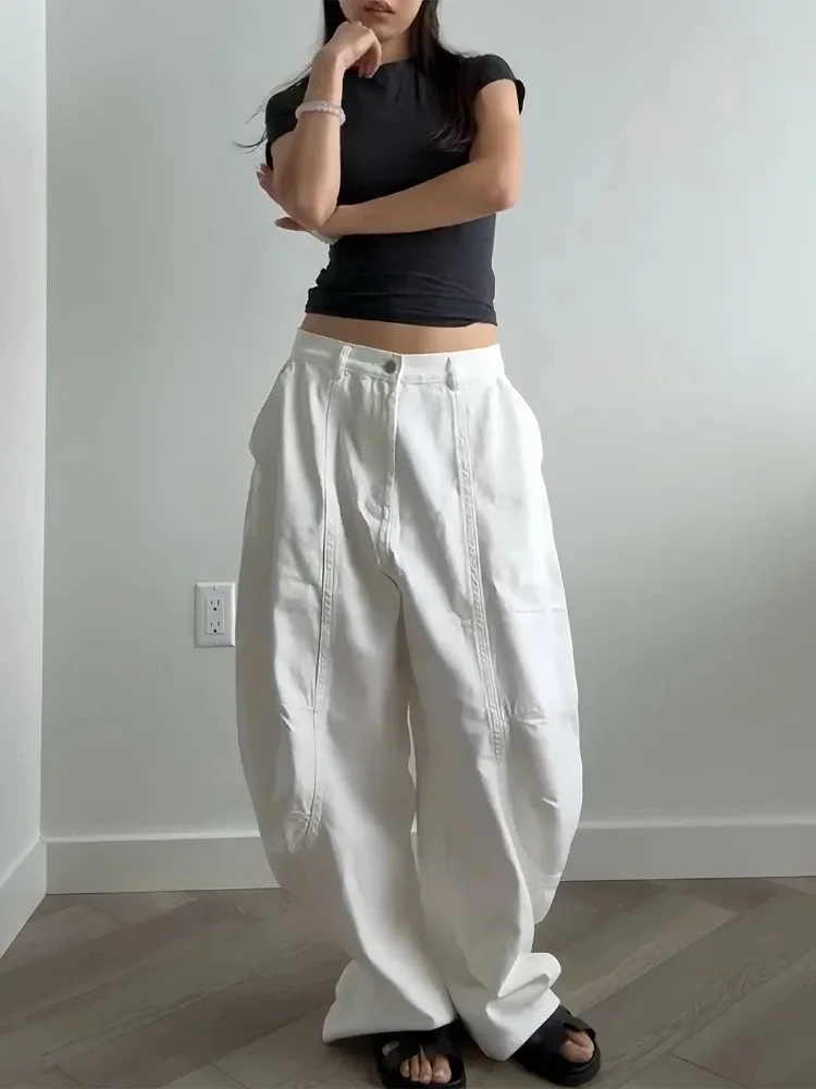 กางเกงขายาวสีขาวสไตล์วินเทจสำหรับผู้หญิง คอลเลคชั่นใหม่ปี 2025 กางเกงแฟชั่นทรงขาบานสไตล์ Y2K กางเกงลำลองสตรีทแวร์ กางเกงขายาวผู้หญิง