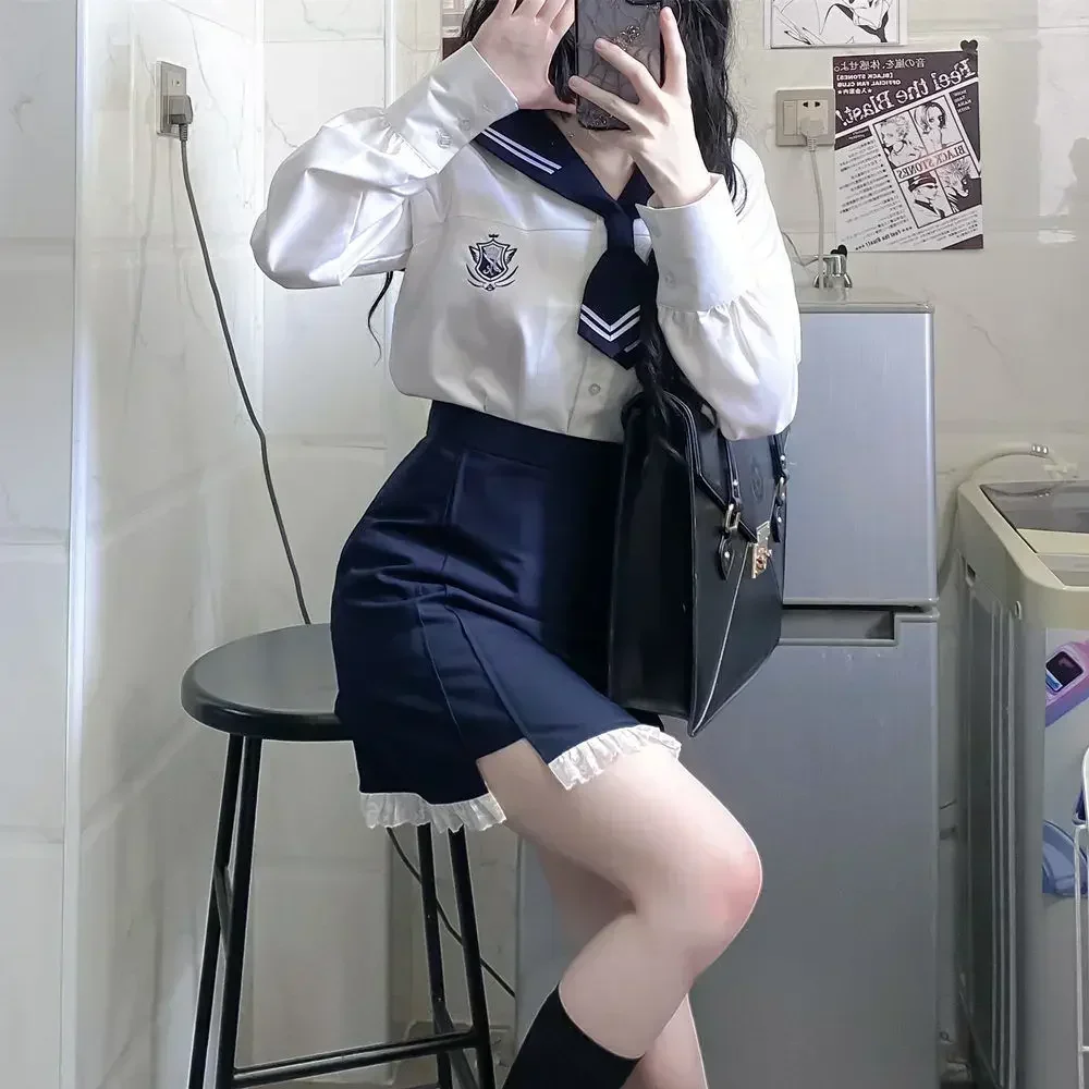 Herbst kawaii Schüler Seemann Anzug Frauen japanische Marine Kragen lang ärmel ige kurz ärmel ige Spitze Spitze Hüftrock jk Uniform xl