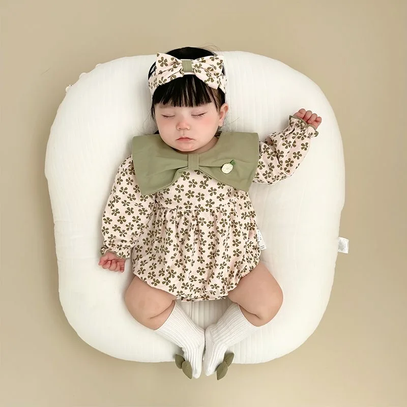 Spring Autumn Newborn Infant Baby Girls Romper + Headband Long Sleeve Flowers Rompers Kids Onepiece Fashion Baby Clothing