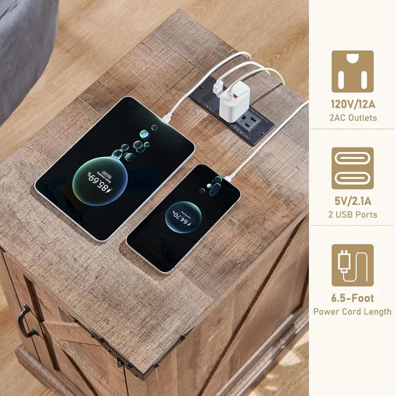 Bauernhaus-Nachttisch im 2er-Set mit Ladestation, rechteckiger 17-Zoll-Tisch mit Scheunentür und verstellbarem Stauraum S