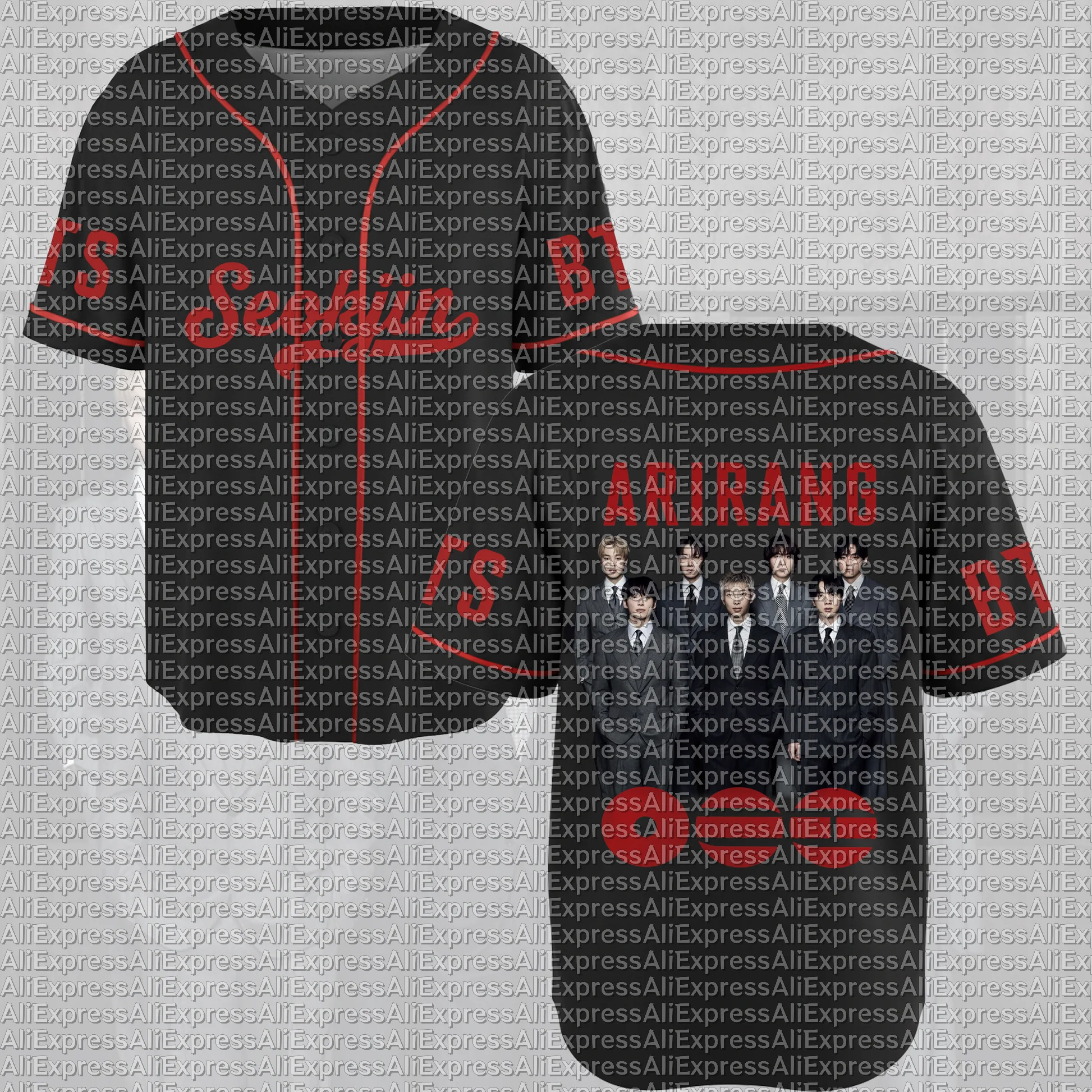 Black and Red BTS Arirang Team Printed Button Down Jacket for Men and Women K-pop Casual Short Sleeved Baseball Jacket