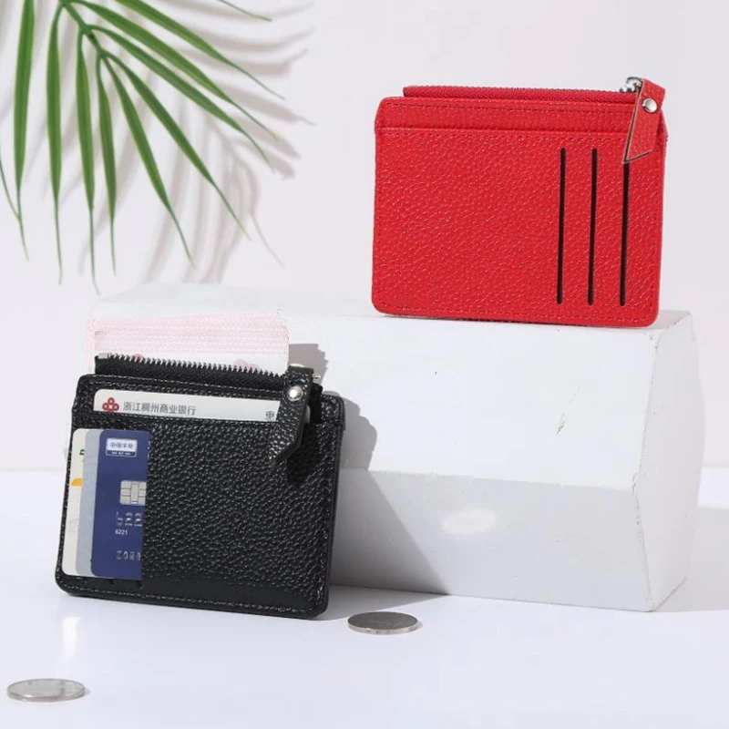 Ultra-fino macio PU carteira de couro para homens e mulheres, mini cartão de crédito, ID Card Holder, Coin Organizer, Zippered