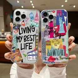 New York London naklejki etykiety etui na telefon iPhone 15 14 13 12 Mini 11 Pro Max X XR XS 7 8 SE Plus przezroczysta obudowa