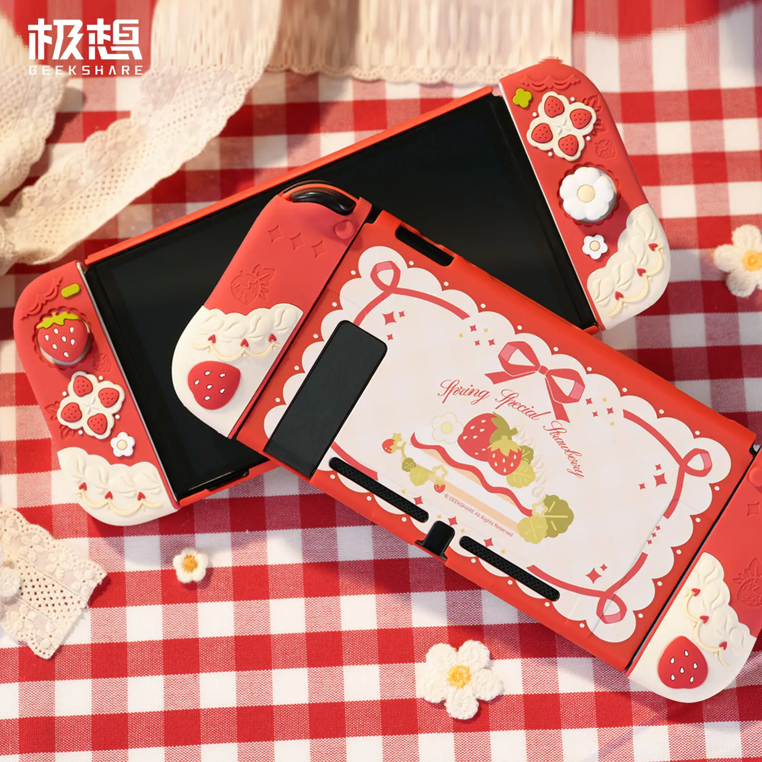 kawaii strawberry switch protective case Silicone handle cover game console Accessories handle cover Toy remote sensing cap Gift