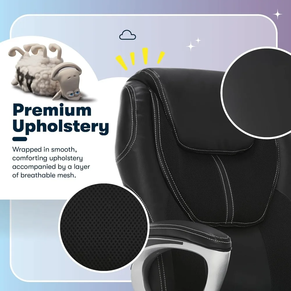 amplify executive office padded arms, adjustable ergonomic gaming desk chair with lumbar support, faux leather and mesh, black