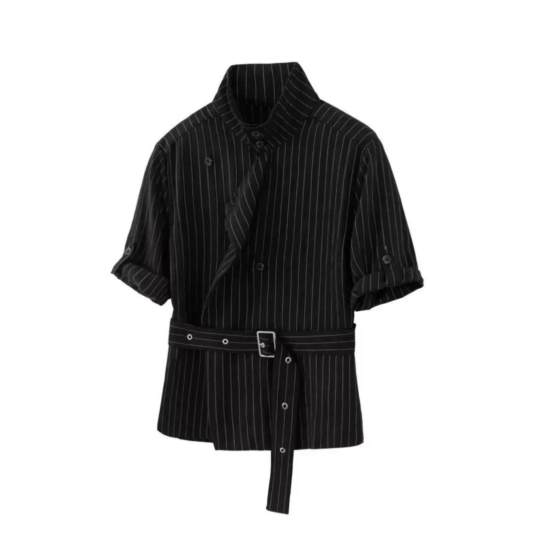 Spring 2026 New Striped Short-sleeved Temperament Shirt Jacket Medium and Long Retro Style Waist and Thin Chemise Homme De Luxe