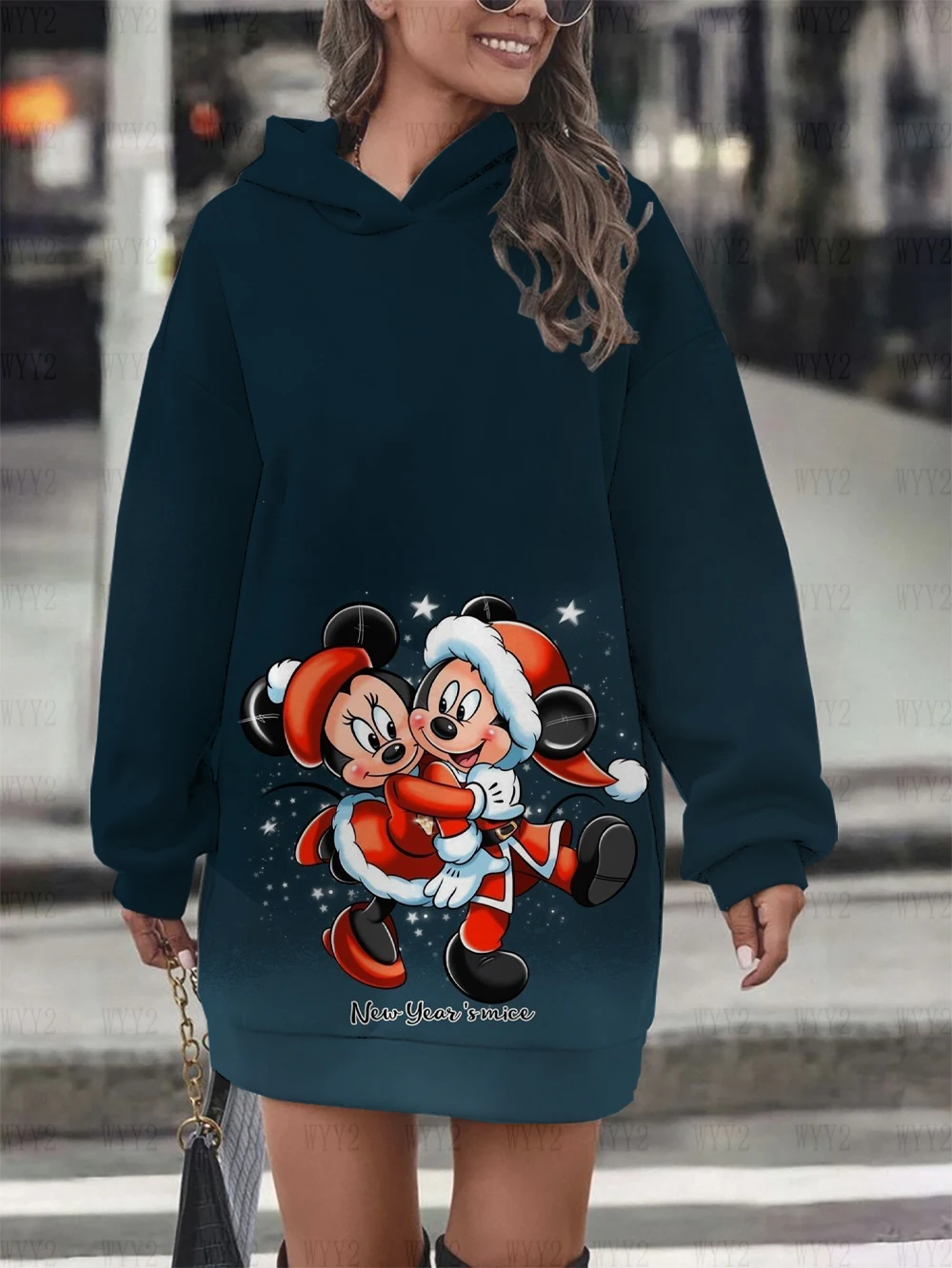Christmas Disney Mickey Mouse Fall Women\'s Hoodie Dress Fashion Sweatshirt Dress Women\'s Pocket Hoodie Casual Dress Mini Dress