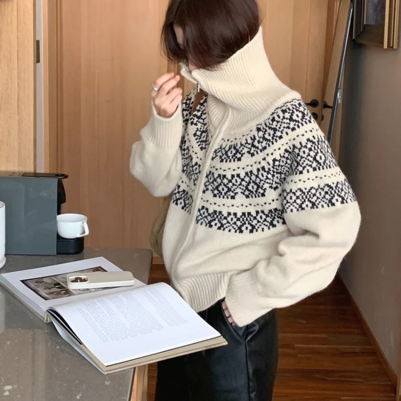 2025 Autunno e Inverno Moda Nuove Donne Elegante Cardigan di Cachemire Lavorato a Maglia Jacquard Retro Cerniera Addensato Maglione Caldo