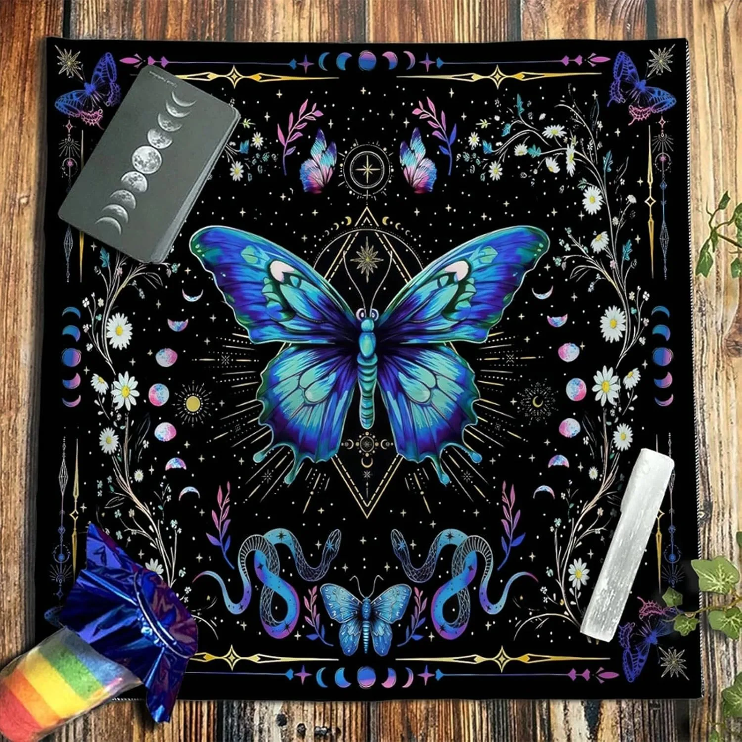 Celestial Blue Butterfly Table Cloth Single Sided 2D Print Enchanting Floral Table Cloth Divination Altar Spiritual Ritual Gift