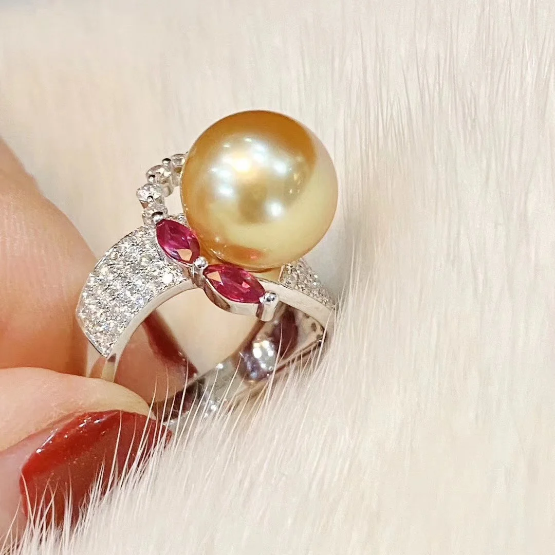 

New product ring AAAA10-11mm natural round Nanhai gold pearl living ring, 925s