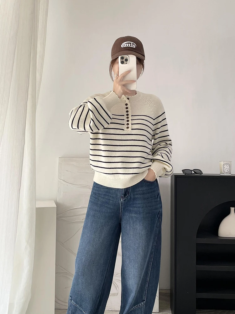 

Морской романтический полосатый трикотаж в стиле ретро, ленивый свободный свитер с фонариком Све Генри, теплый шерстяной длинный све, круглый топ