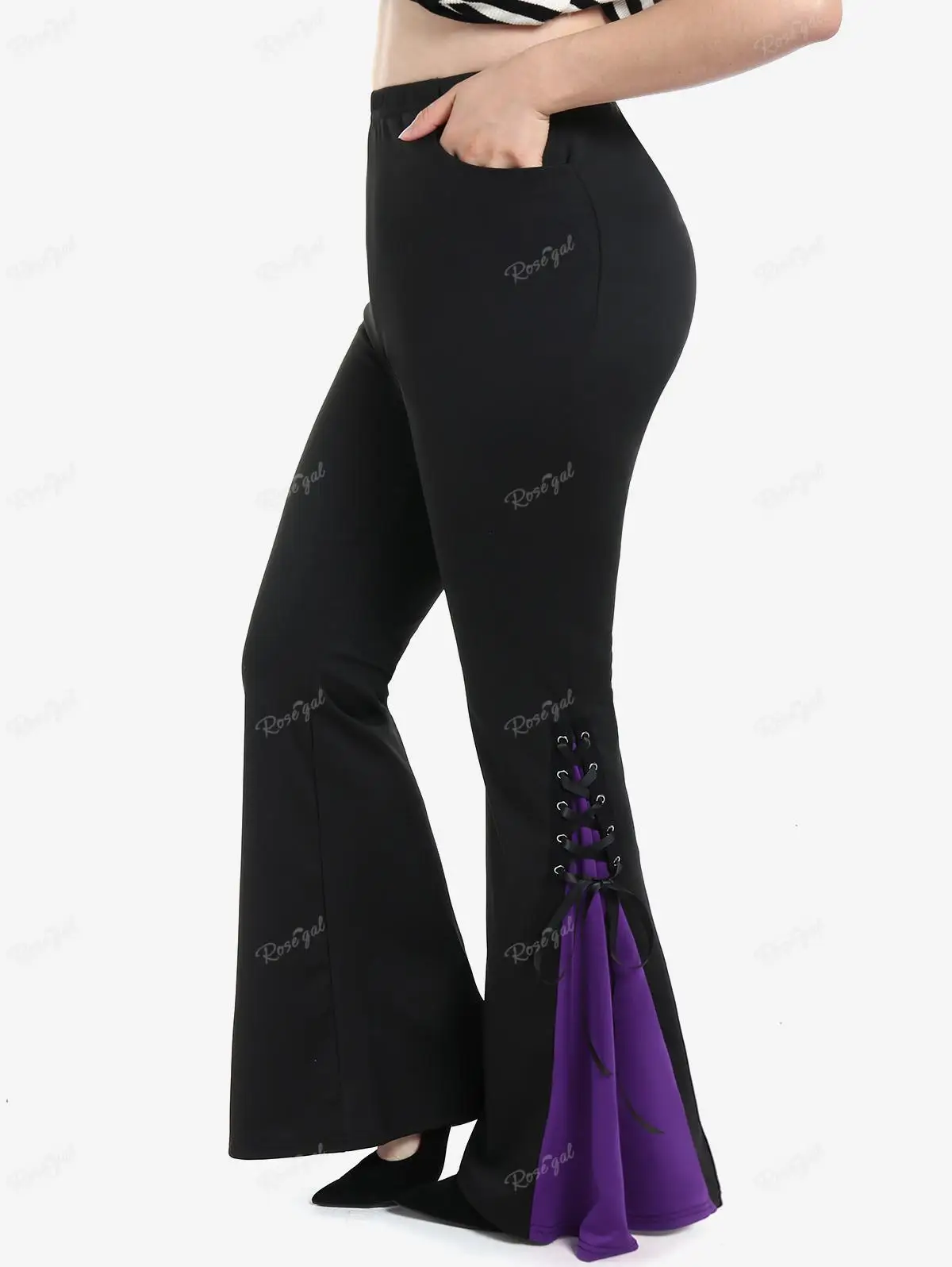 Plus Size Gothic Lace Up Hem Flare Pants Women High Waisted Stretchy Contrast Godet Trousers Mujer Bell Bottom Pants 4XL
