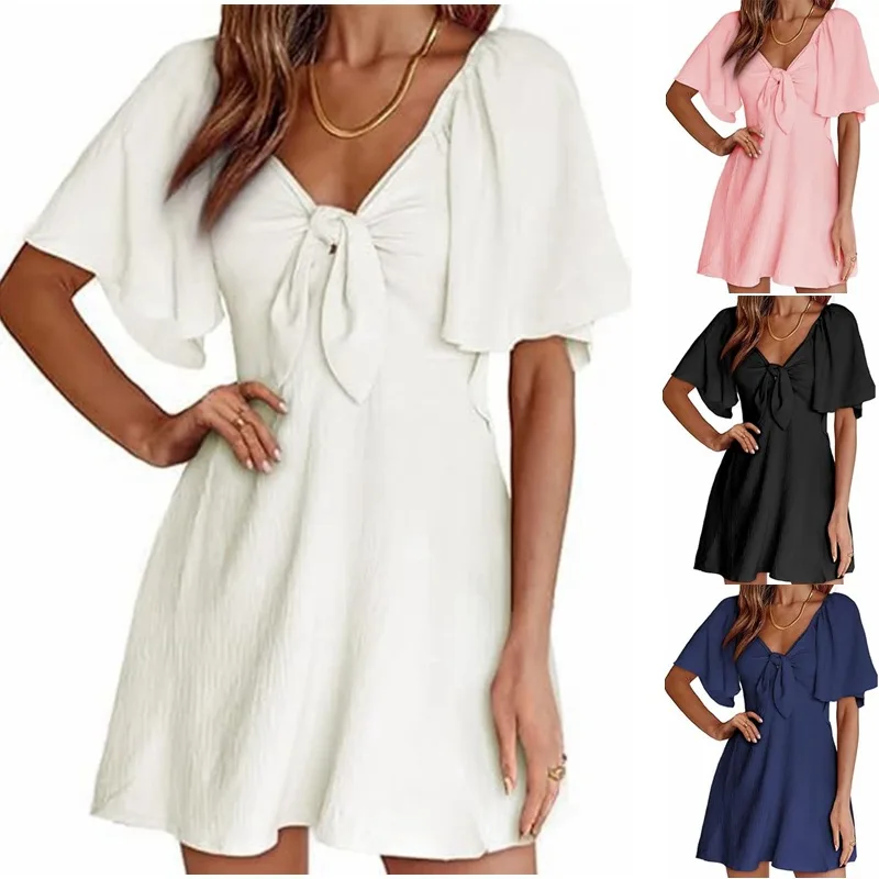 

2026 European And American Foreign Trade Cross-Border Women's Clothing Amazon Bestseller V-Neck Bow-Tie Short-Sleeve Mini Dress