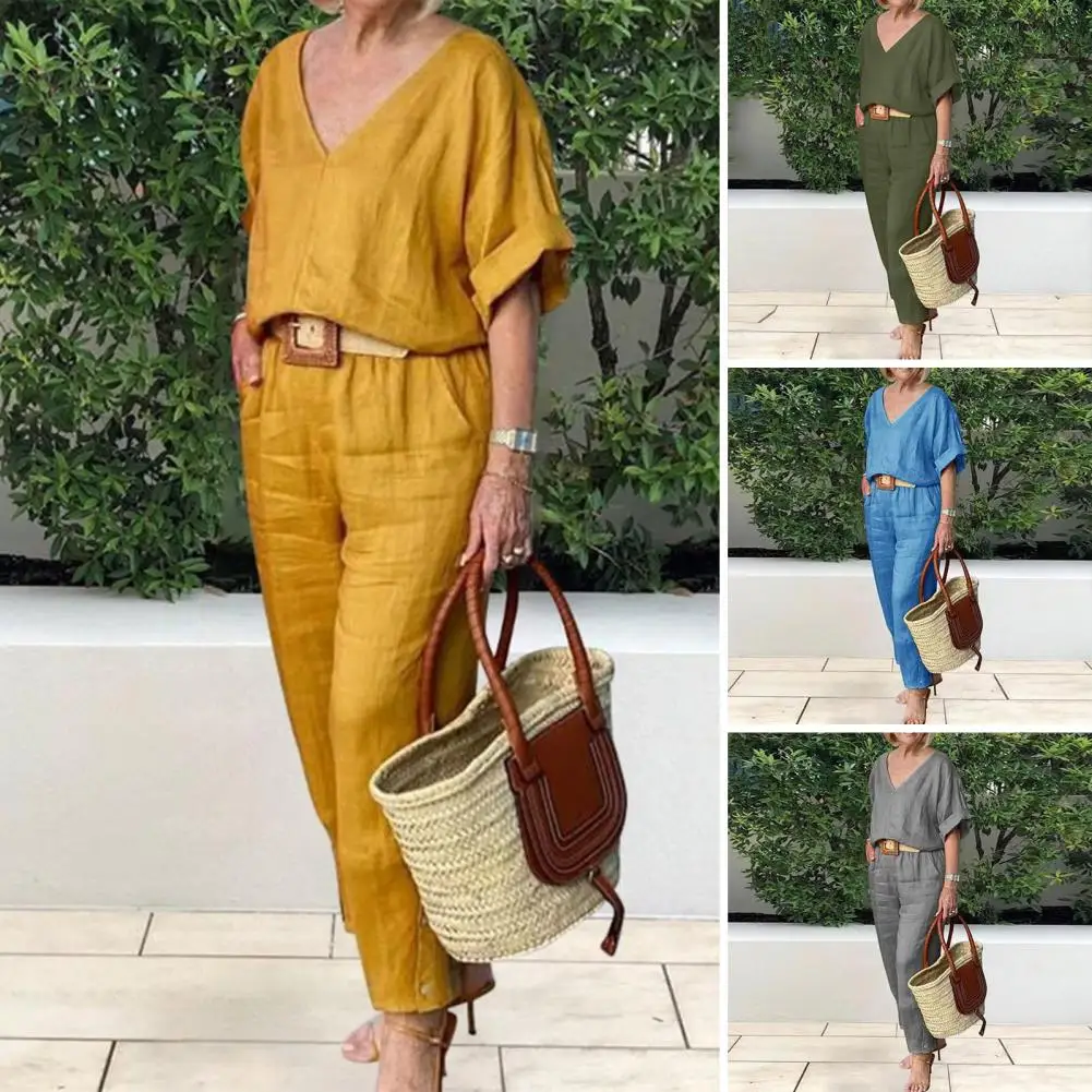 Lady Autunno Estate Outfit Donna T-shirt Pantaloni Set Tinta unita Scollo a V Elastico in vita Mezza manica Tasche a vita alta Top Pantaloni 2025