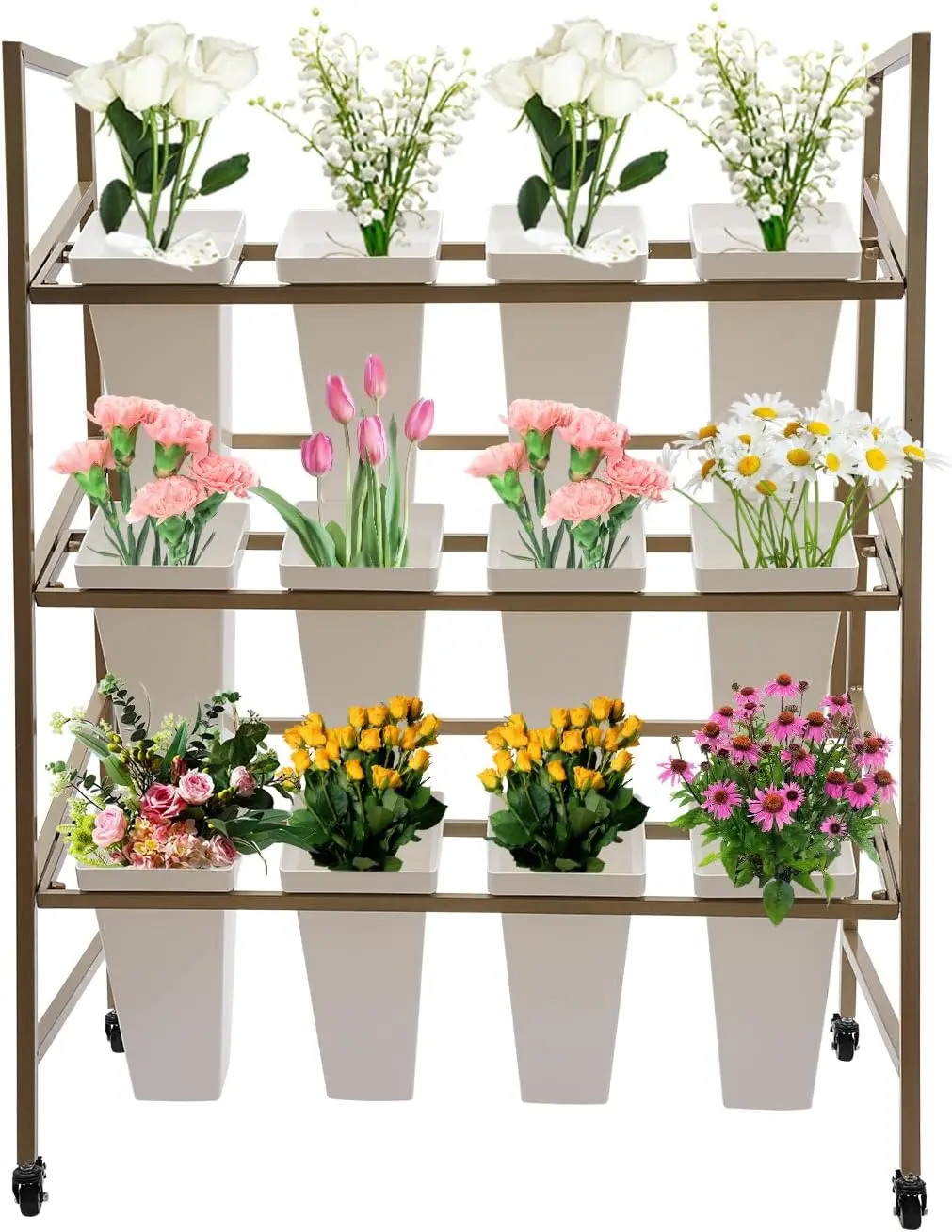 Three Tier Metal Flower Display Stand With Twelve Buckets Mobile Plant Shelf With Lockable Wheels Modern Indoor Outdoor Flower Pot Rack For Florist Wedding Home Decor Gold And White