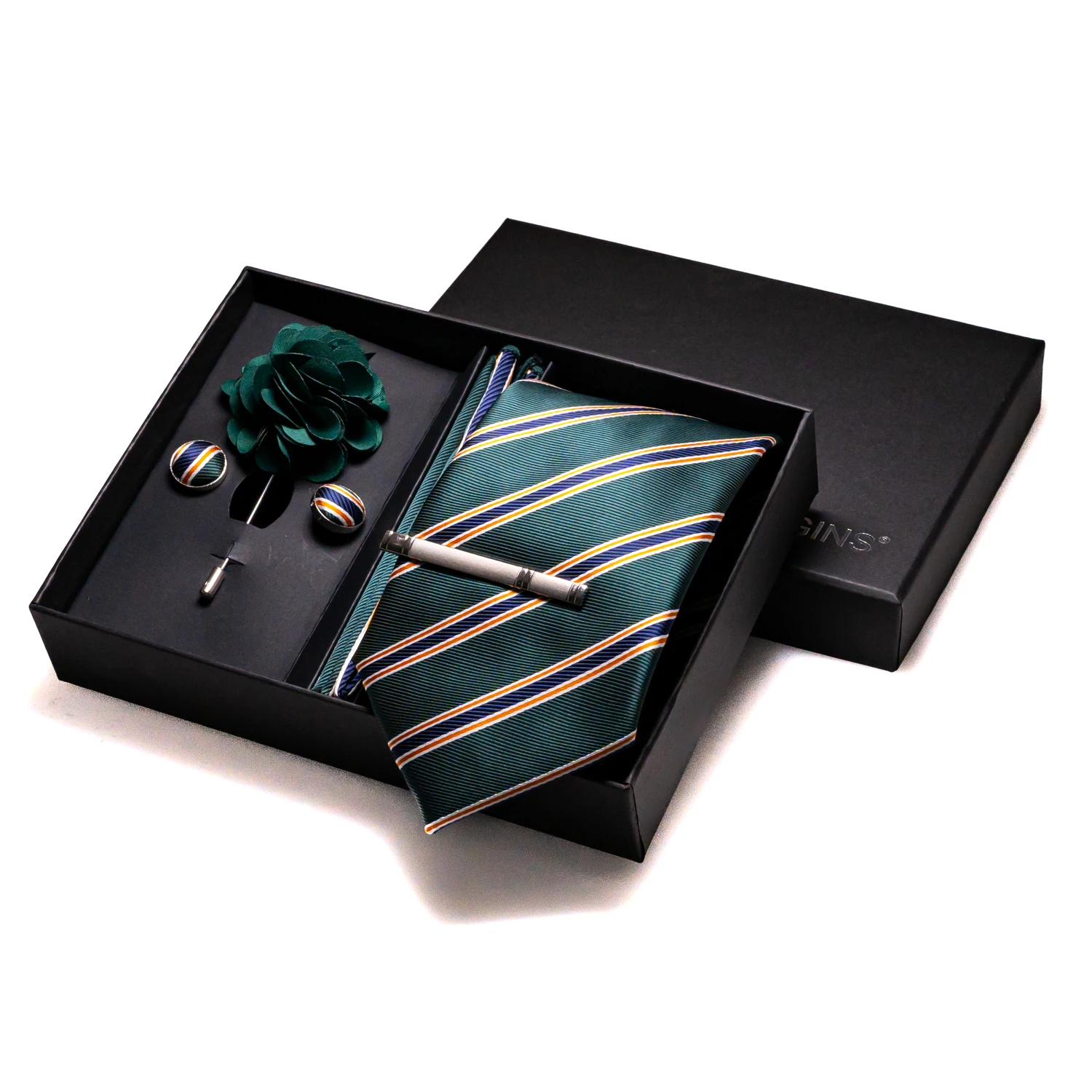 Luxury Dark Green Stripes Silk Ties for Men Wedding Accessories Mens Necktie Pocket Square Cufflinks Pin And Elegant Gift Box