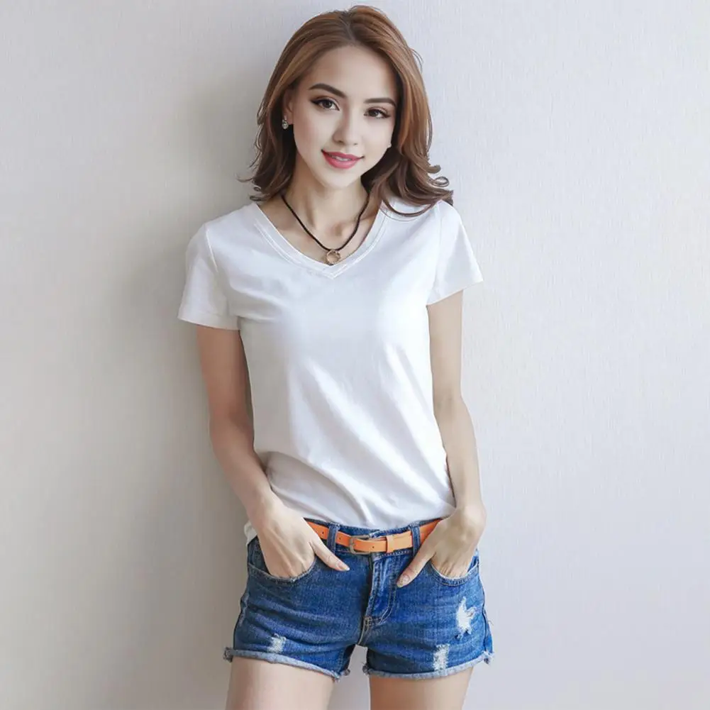 Comfortable Women Top Stylish Women\'s V neck Summer T shirt Slim Fit Solid Color Pullover Tops for Streetwear Women