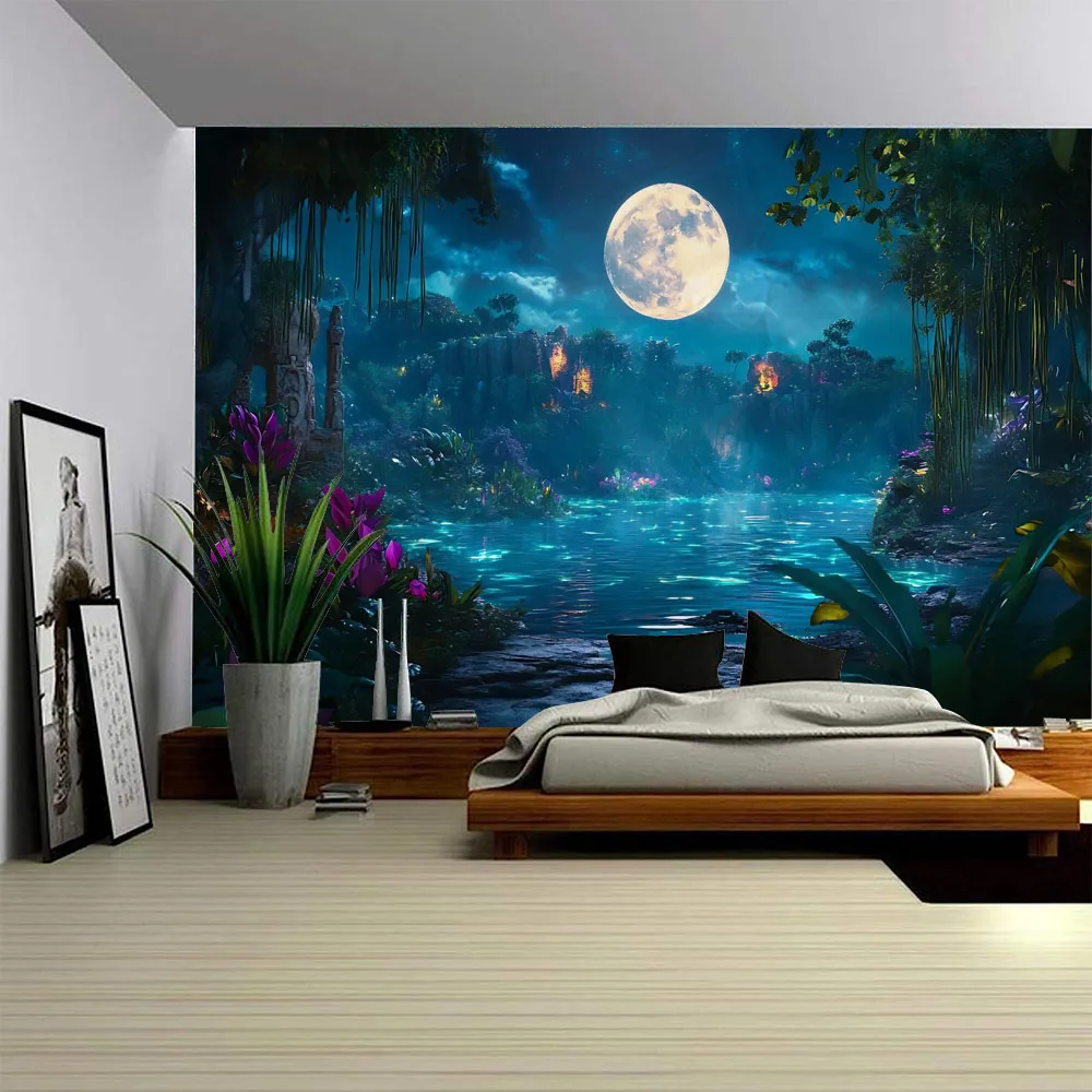 Enchanted Forest Night Tapestry Dreamy Jellyfish Waterfall Castle Wall Hanging Room Decoration Bohemian Background Poster