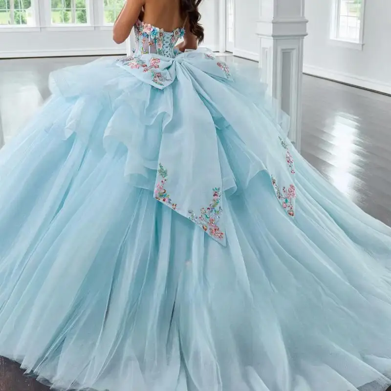 Fashion Light Blue Princess Ball Gown Quinceañera Dresses 3D Flowers Sequin  Glitter  Prom Party For 15th Girls Customized