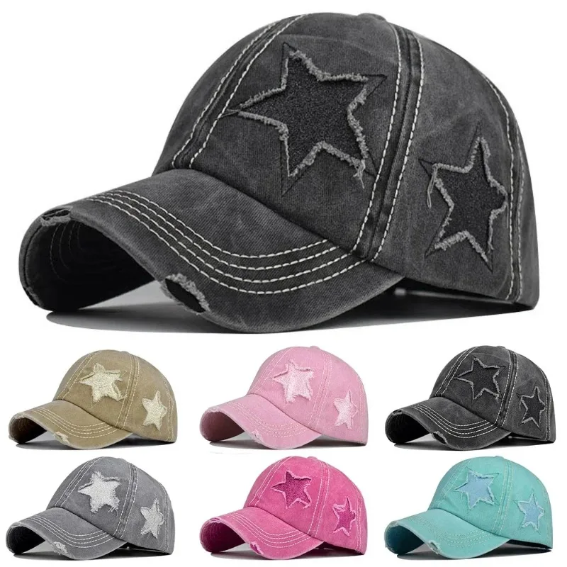 Unisex Y2K Pentagram Retro Fashion Washed Denim Hole Baseball Caps Four Seasons Fishing Hat Women Men