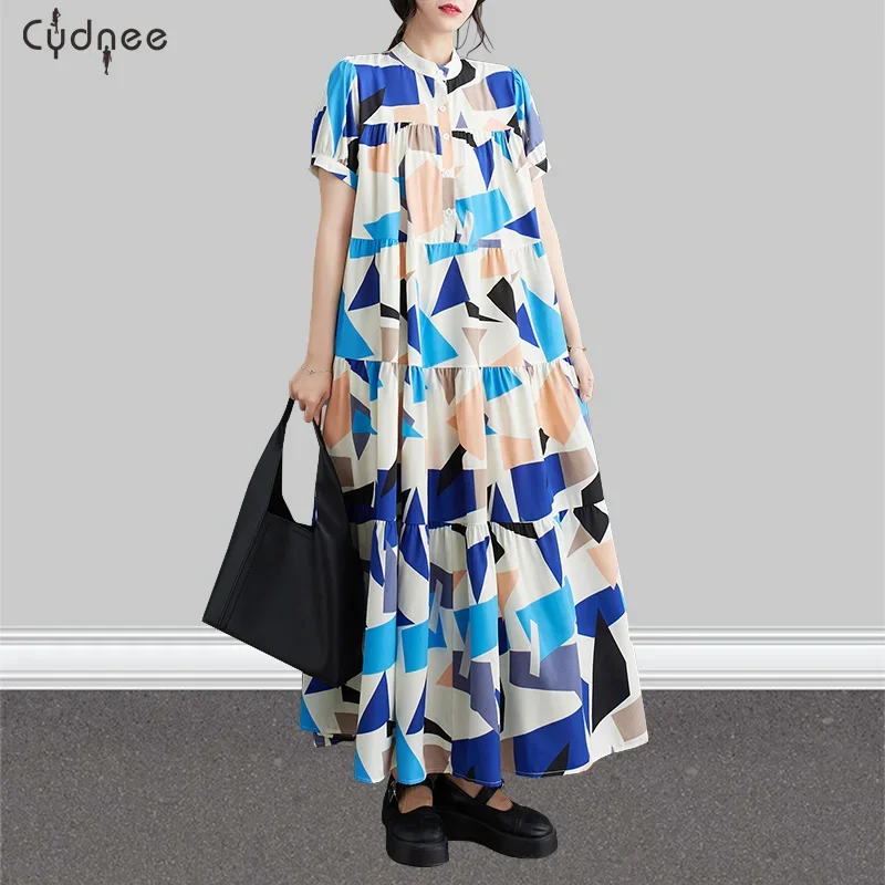 Half-Button Short-Sleeve Mosaic Art Print Stand Collar Half Sleeves Tiered Long Shirt Dress