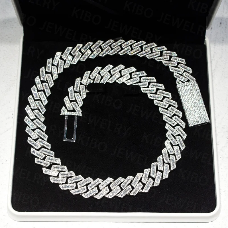 

KIBO Hip Hop Jewelry 18MM 925 Silver VVS Baguette Moissanite Diamond Cuban Link Chain