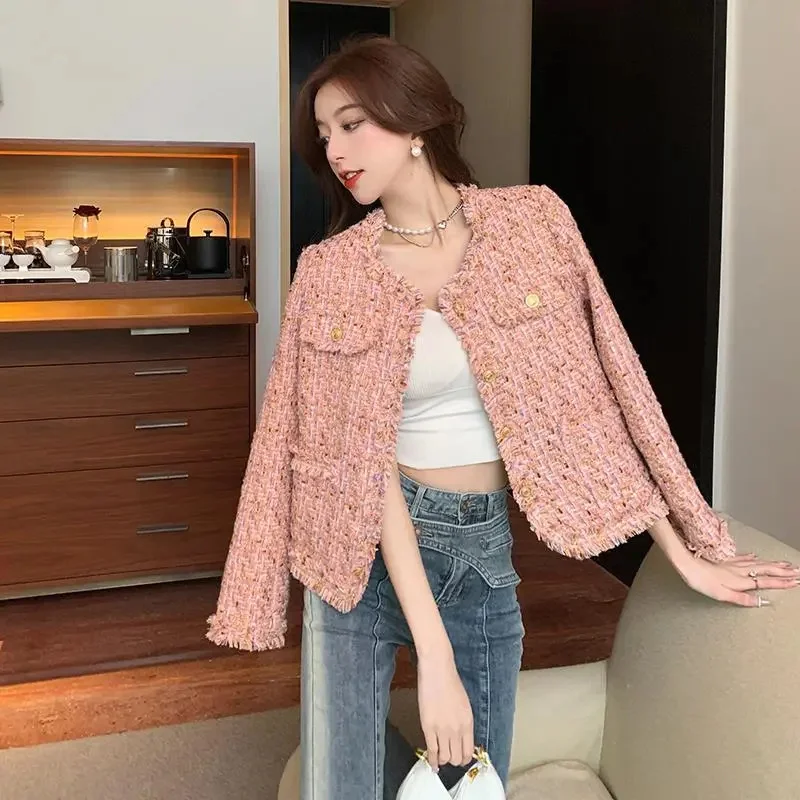 

All-Match Tweed Coat Female New Elegant O-Neck Cropped Jacket Women Spring Autumn Korean Fashion Small Fragrance Jacket Outwear