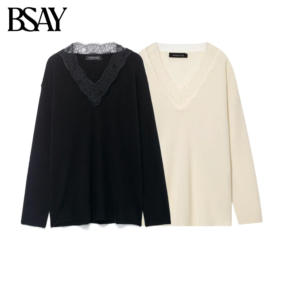 

BSAY Lace Knitted Sweater for Women Fashion Autumn Winter New Solid Long Sleeves V-neck Tops Chic Female Knit Sweaters Mujer