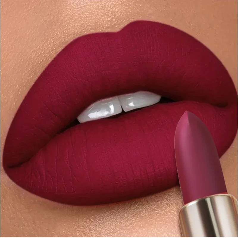 Deep Red Matte ลิปสติก 6 สีกันน้ํา Non-stick Cup Lip Balm แต่งหน้า Dark สีแดงลิปสติกกํามะหยี่ง่ายสีริมฝีปากเครื่องสําอาง